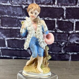 Vintage Porcelain Victorian Boy in Blue Attire with Lace Trim Figurine